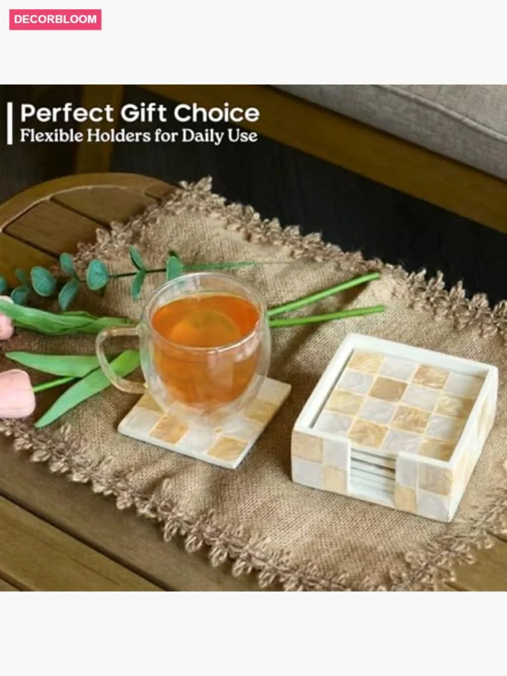 Set of 6 Capiz Shell Checkered Coasters with Holder
